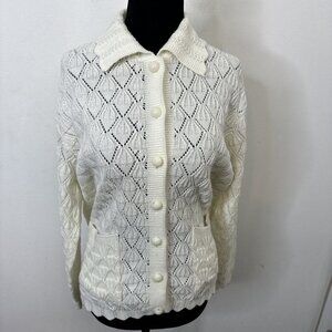 Vintage Woodwards Woman L Acrylic 70s Cardigan Sweater Knit White